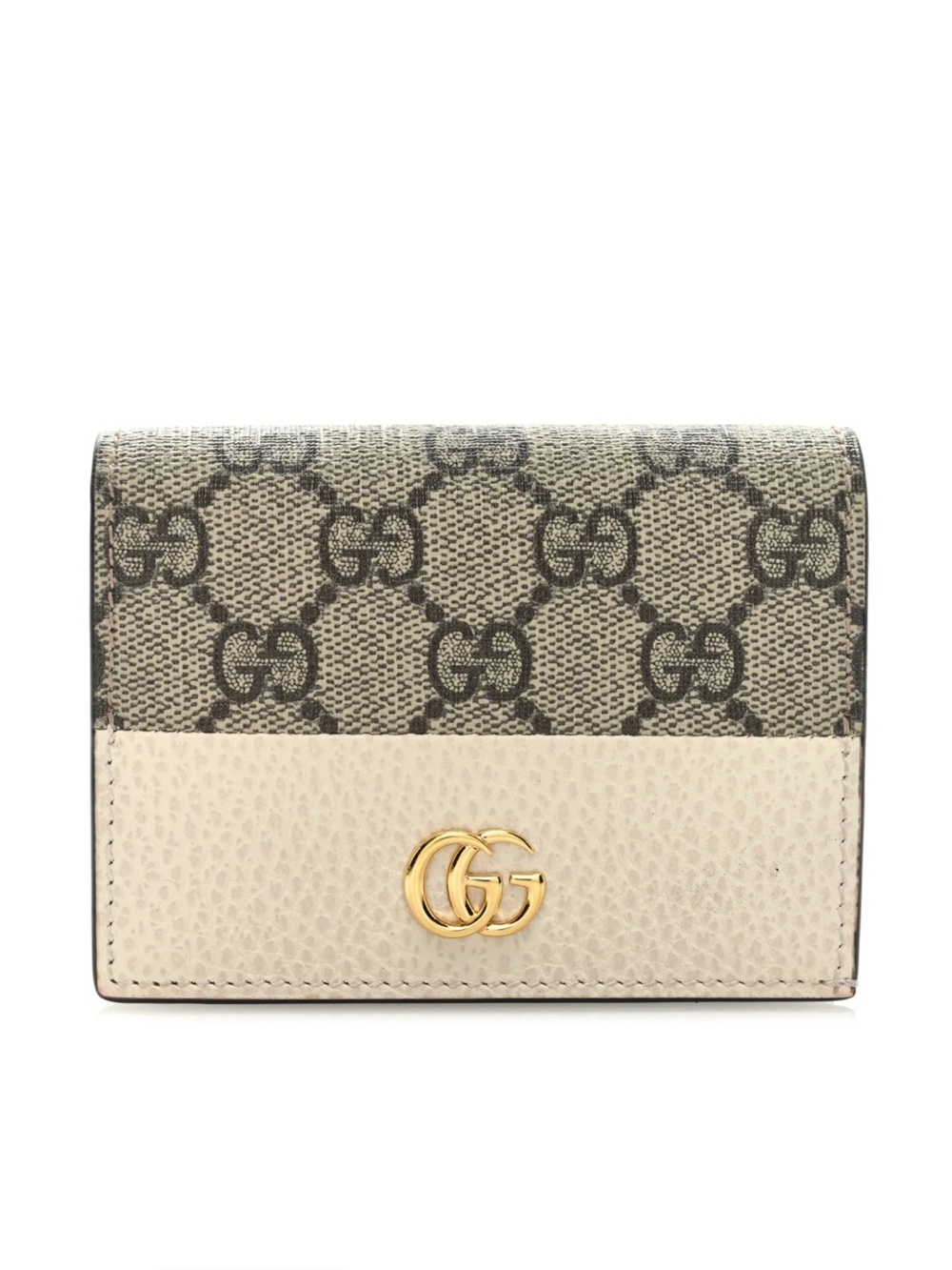 Gucci Dollar Calf Skin GG Marmont Canvas Supreme bifold Wallet in Beige + Ivory